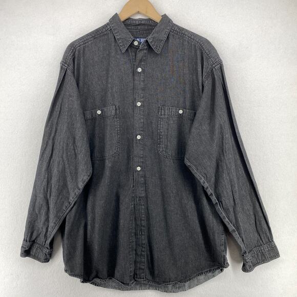 PERRY ELLIS Shirt Mens L AMERICA Denim Cotton Long Sleeve Button Up Black VTG - Picture 1 of 13